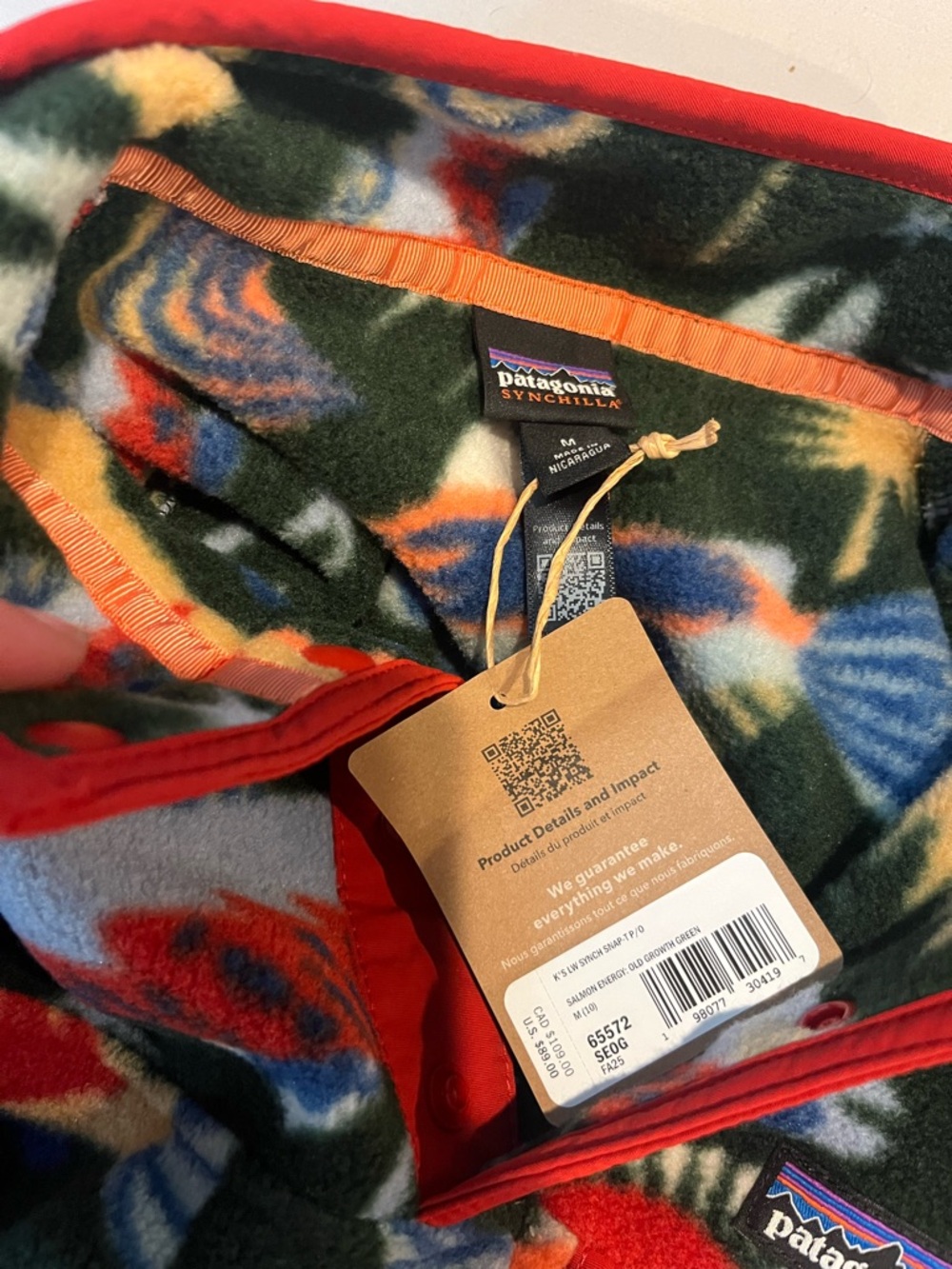 Kids M salmon energy Patagonia Fleece Pullover Jacket with Red Trim - Picture 2 of 2